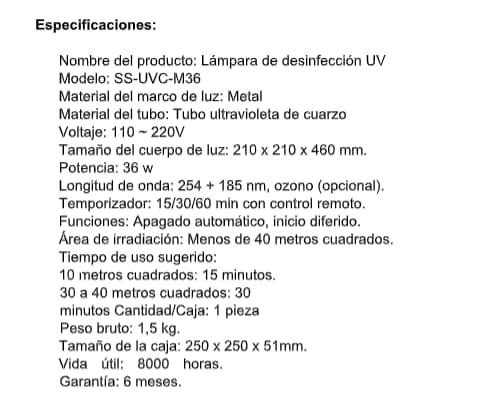 Especificaciones Lámpara uv-c 36w